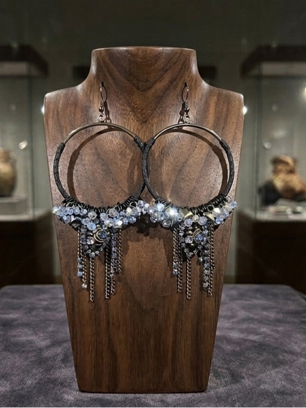 belk Black Hoop Earrings with Silver Rhinestone Fringe